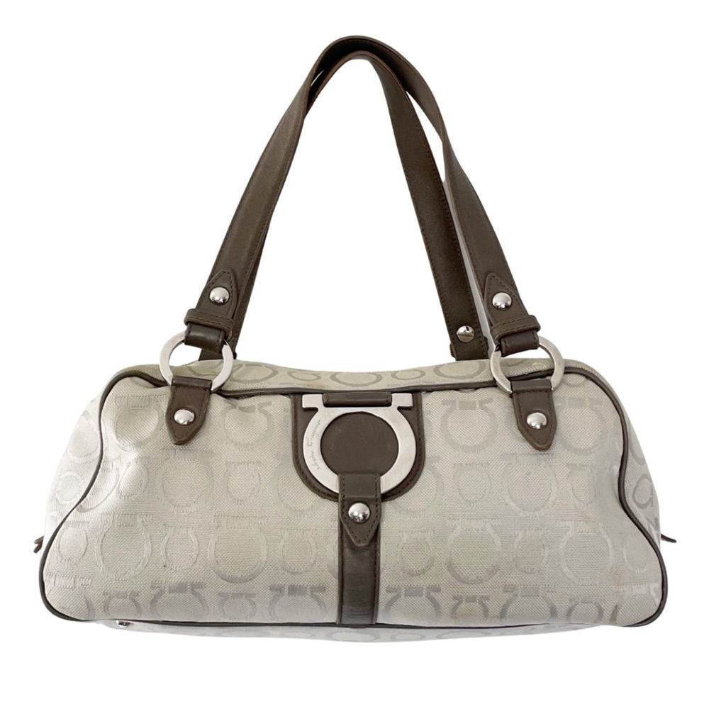 Salvatore Ferragamo gray monogram Gancini fabric shoulder bag